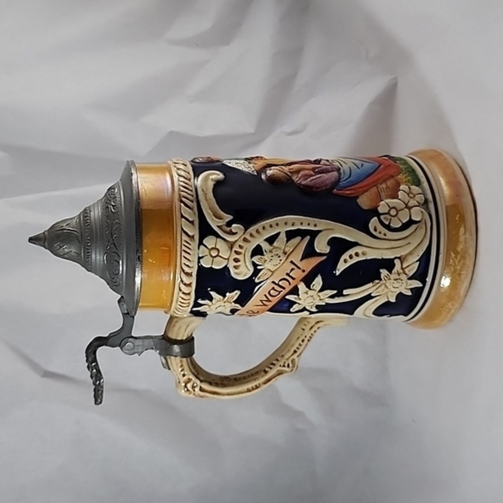 VINTAGE West Germany Bier Stein, singing group 7" tall, pewter beautiful colors!